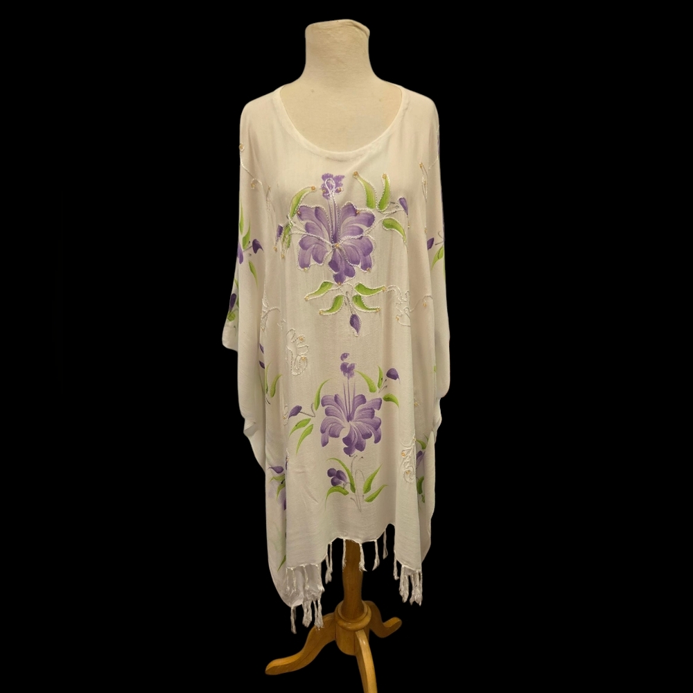 Vintage Island Planet Miami Beach Purple Floral Boho Kaftan Cover-Up Fringe Hem